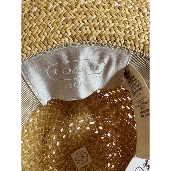 Coach Natural Straw Wide Brim Floppy Sun Hat Yellow Leather Trim One Size NWT main image 11